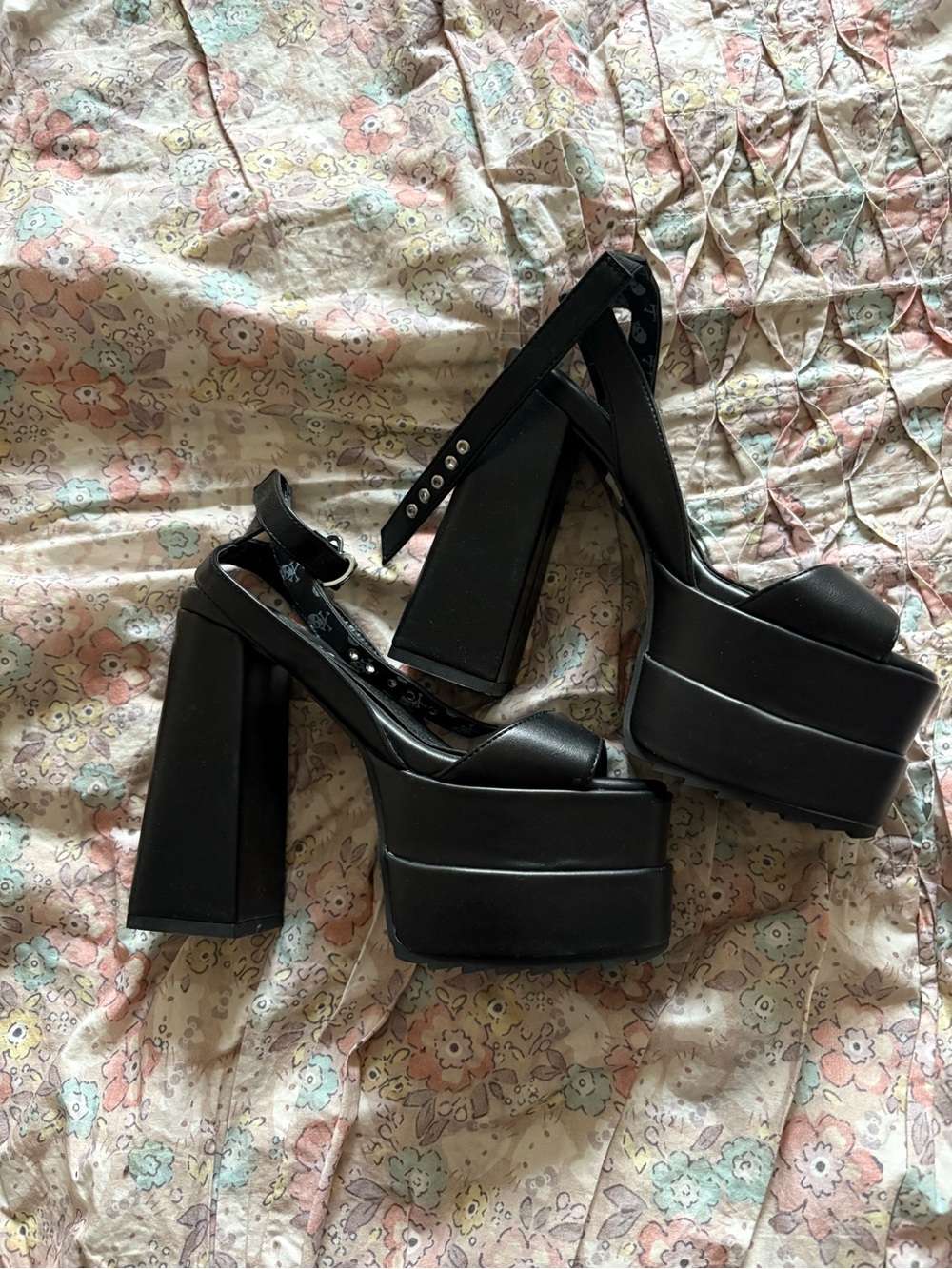 Black Platform Block Heel Sandals with Studded Ankle Strap